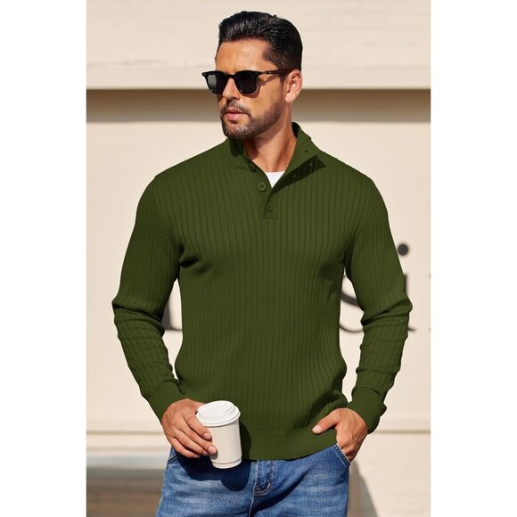 Men's Quarter Button Sweater Long Sleeve Stand Collar Sweater Knitted Army Green - Picture 4 of 5